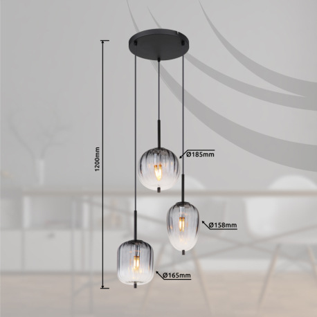 Závesné svietidlo, kov čierny matný, sklo dymová farba/číre, kábel PVC čierny, možnosť skrátenia výš 18