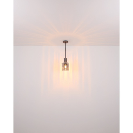 Závesné svietidlo, kov sivý tmavý, sklo dymovej farby, textilný kábel čierny, možnosť skrátenia výšk 12