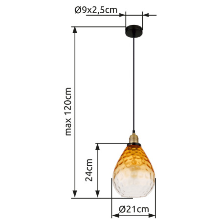 Závesné svietidlo, kov čierny, sklo jantárové, priehľadné, kov mosadzný matný, kábel PVC čierny, mož 6