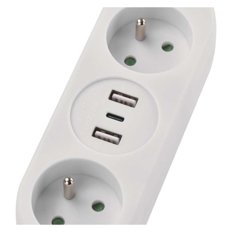 Predlžovací kábel 2 m / 2 zásuvky+2×USB A+1×USB C / biely / PVC / 1 mm2 4