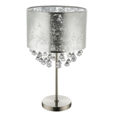 Stolová lampa, kov nikel matný, textil strieborný, akrylové krištále priehľadné, kábel 1,5m, vypínač 4