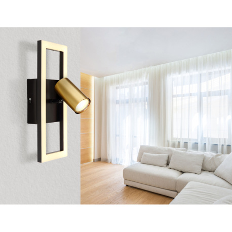 Nástenné svietidlo kov čierny matný, kov mosadz matná, plast biely, ŠxV: 130x350mm, H: 150mm, vrátan 1