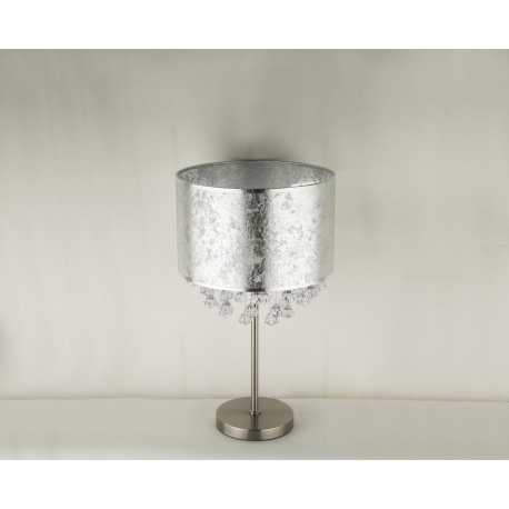 Stolová lampa, kov nikel matný, textil strieborný, akrylové krištále priehľadné, kábel 1,5m, vypínač 7