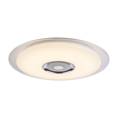 Stropné svietidlo, kov biely, chróm, akryl biely, K5 krištáľ, trblietavý efekt, reproduktor, ovládan 4