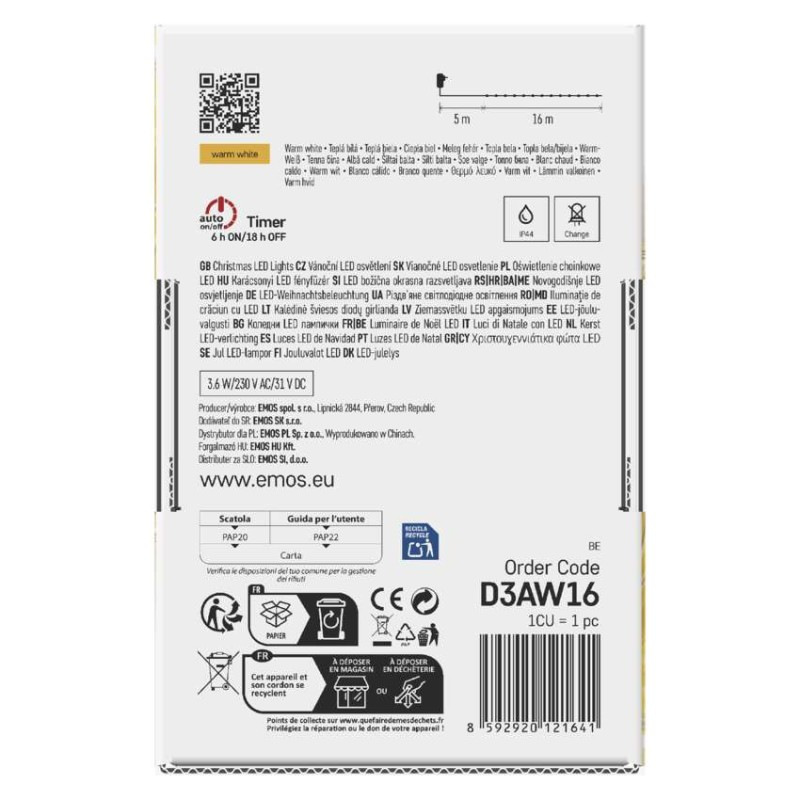 LED vianočná drop reťaz, 16 m, vonkajšia aj vnútorná, teplá biela, časovač 7