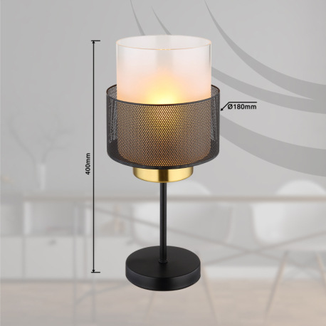 Stolové svietidlo, kov čierny matný, sklo satinované, priehľadné, čierny textilný kábel, kolískový v 8