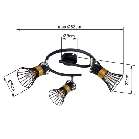 Stropné svietidlo, kov čierny a zlatý, kovové tyče čierne a zlaté, Ø250, V:220, bez žiaroviek 3xE14, 10