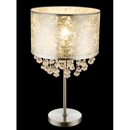 Stolová lampa, kov nikel matný, textil strieborný, akrylové krištále priehľadné, kábel 1,5m, vypínač 12