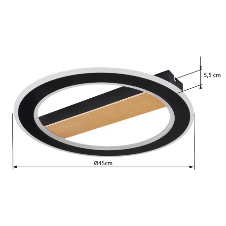 Stropné svietidlo, kov čierny, drevo tmavohnedé, akryl biely, ø: 450mm, V:55mm, vrátane LED 30W 230V 11
