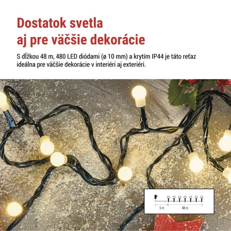 LED vianočná cherry reťaz – guličky, 48 m, vonk. aj vnútor.,teplá biela, programy, časovač 1