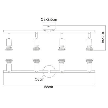Stropné svietidlo, kov, biely, otočné, nastaviteľné ramená, DxV:580x165, vrátane žiaroviek 4xGU10 LE 2