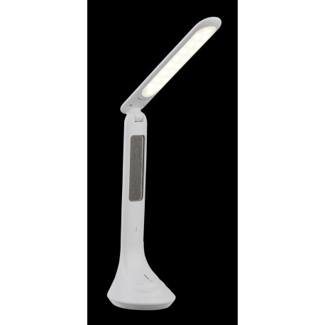Nabíjateľná stolová lampa, plast, biela, hodiny, kalendár, budík, s adaptérom, zapnutie dotykom, dot 2