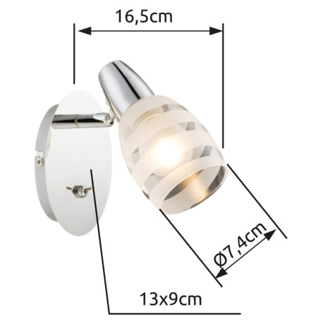 Bočné svietidlo, chróm, satinované sklo, vypínač, ŠxV:90x165, H: 160, bez žiarovky 1xE14, max. 40W 2 4
