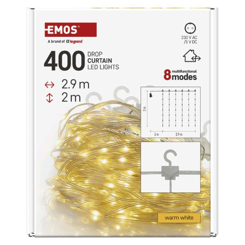 LED vianočná drop reťaz – záclona, 2,9x2 m, vonkajšia aj vnútorná, teplá biela, programy 7