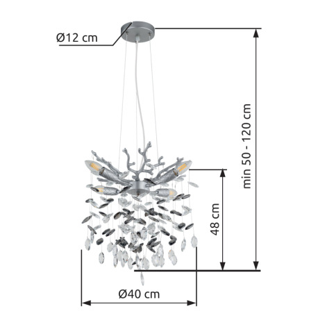 Závesné svietidlo, kov strieborný matný, sklenené krištále dymové, číre, výškovo nastaviteľné, flexo 14