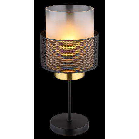 Stolové svietidlo, kov čierny matný, sklo satinované, priehľadné, čierny textilný kábel, kolískový v 2