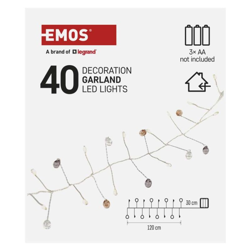 LED girlanda - kamienky, 1,2 m, 3x AA, vnútorné, teplá biela, časovač 6