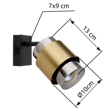 Nástenné svietidlo kov čierny matný, sklo dymovej farby, mosadzný krúžok, vypínač, ŠxV: 100x170mm, H 6