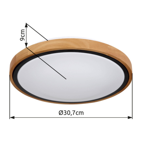 Stropné svietidlo, kov čierny, drevo hnedé, akryl biely, ø: 307mm, V:90mm, vrátane LED 12W 230V, 120 11