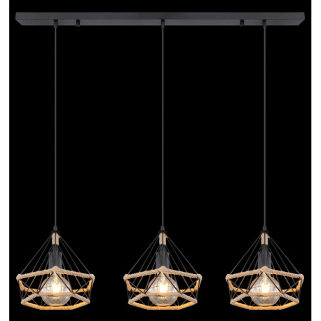 Závesné svietidlo, kov čierny, konopné lano hnedé, kov čierny, DxŠxV:1000x250x1200, bez žiaroviek 3x 11