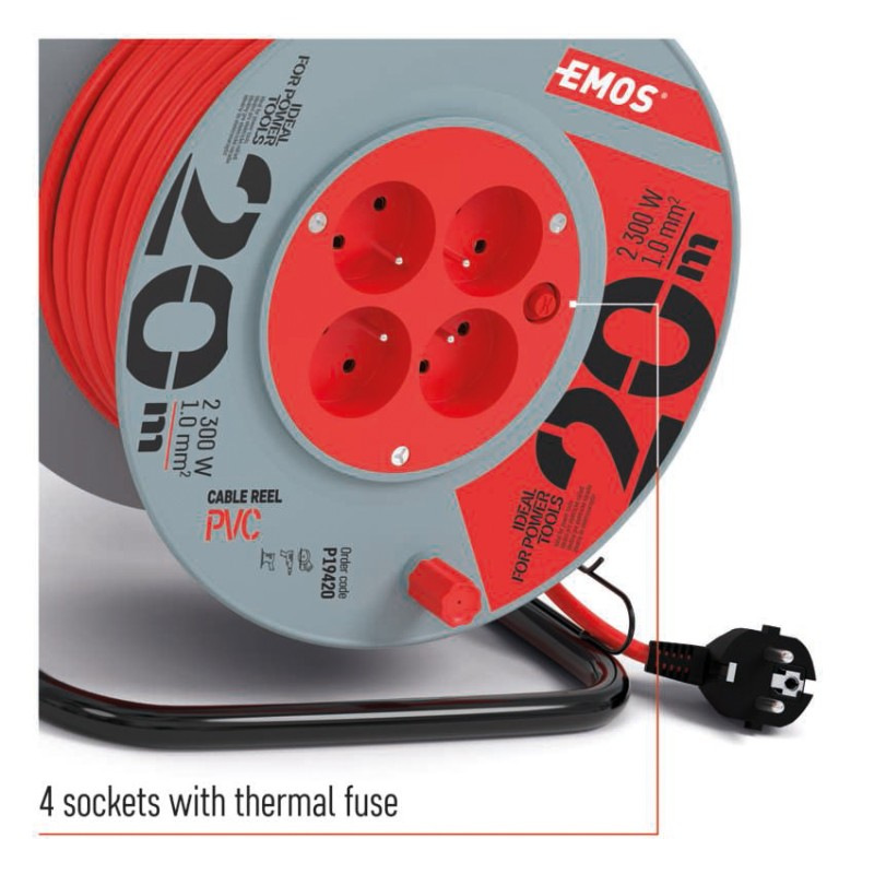 Predlžovací kábel na bubne 20 m / 4 zásuvky / červený / PVC / 230 V / 1 mm2 2