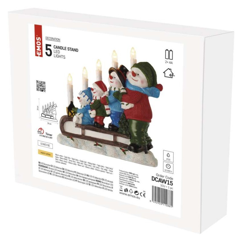 LED svietnik – snehuliaci na saniach, 24 cm, 2x AA, vnútorný, teplá biela, časovač 1