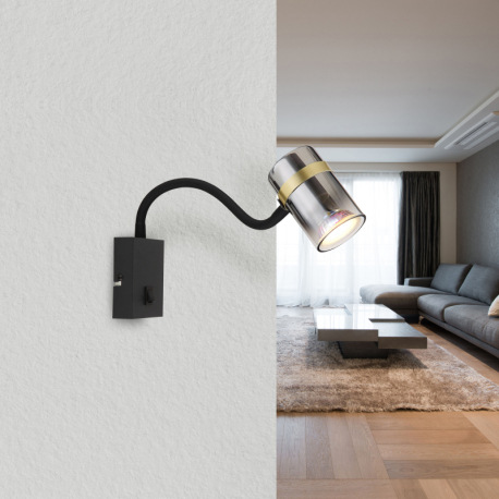 Nástenné svietidlo, kov čierny matný, dymové sklo s prechodom do priehľadného skla, kov mosadz, kábe 1