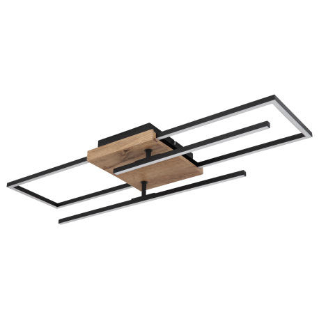 Stropné svietidlo, kov čierny, MDF vzhľad dreva, plast opál, otočné, DxŠxV:800x610x115mm, vrátane LE 12