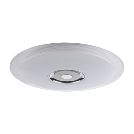 Stropné svietidlo, kov biely, chróm, akryl biely, K5 krištáľ, trblietavý efekt, reproduktor, ovládan 3