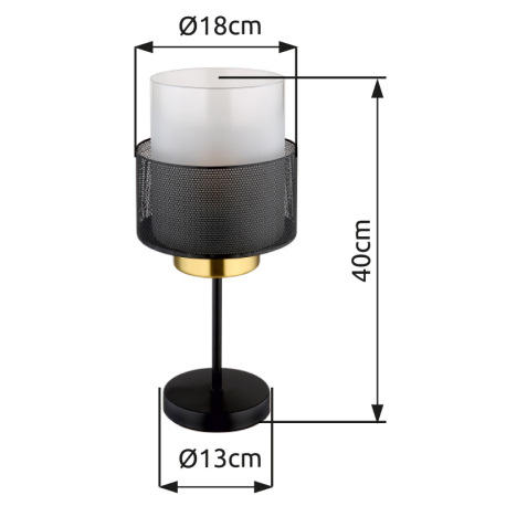Stolové svietidlo, kov čierny matný, sklo satinované, priehľadné, čierny textilný kábel, kolískový v 18