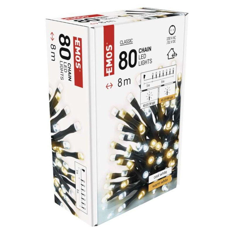 LED vianočná reťaz, 8 m, vonkajšia aj vnútorná, teplá/studená biela, časovač 8