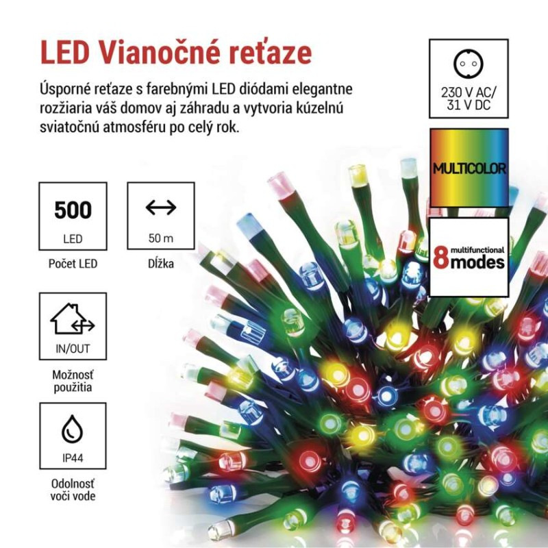 LED vianočná reťaz, 50 m, vonkajšia aj vnútorná, multicolor, programy, časovač