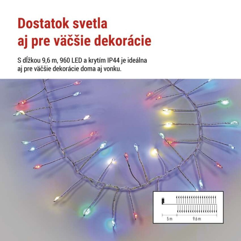 LED nano reťaz na cievke, strieborný, 9,6 m, multicolor, časovač 2