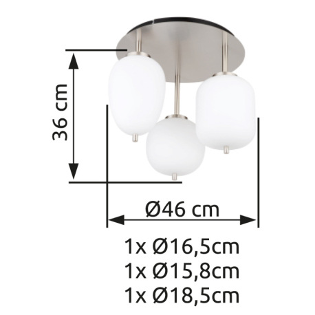 Stropné svietidlo kov nikel matný, sklo biele, 3 rôzne sklá, ø: 460 mm, V: 360 mm, ø tienidla: 1 x 1 5