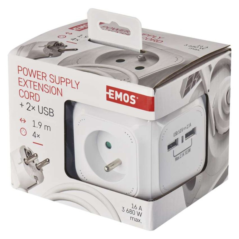 Predlžovací kábel - kocka 1,9 m / 4 zásuvky / biely / PVC / s USB / 1 mm2 10