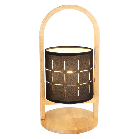 Stolná lampa prírodné drevo, textil čierny, kábel PVC čierny, kolískový vypínač na kábli, ø: 160mm, 10