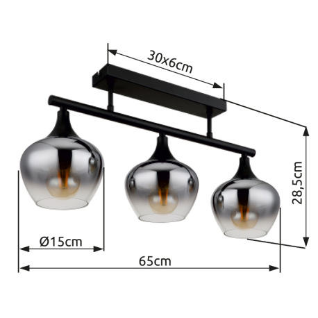 Stropné svietidlo, čierny matný kov, sklo dymovej farby, priehľadné, DxŠxV: 650x150x285mm, bez žiaro 10