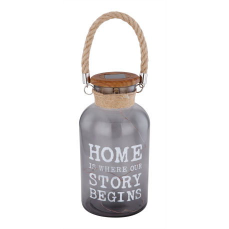 Solárne svietidlo, plast so vzhľadom dreva, priehľadné sklo, konopné lano hnedé, na zavesenie alebo 11