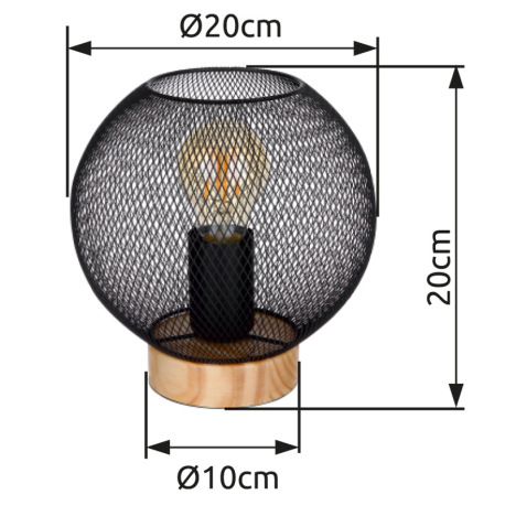 Stolová lampa, drevo, kov čierny, vypínač, Ø200, V:200, bez žiarovky 1xE27, max. 60W 230V 18