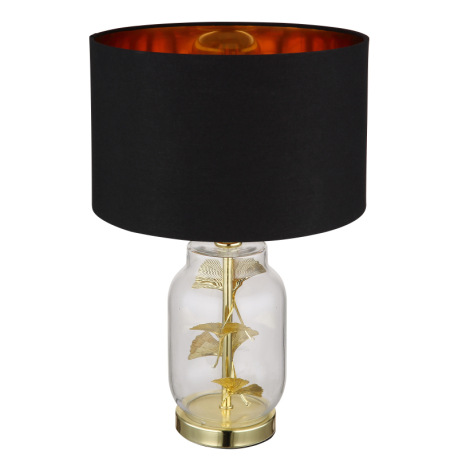 Stolové svietidlo, mosadzný kov, sklo priehľadné, čierny textil, plast zlatej farby, čierny PVC kábe 12