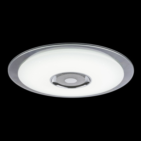 Stropné svietidlo, kov biely, chróm, akryl biely, K5 krištáľ, trblietavý efekt, reproduktor, ovládan 2