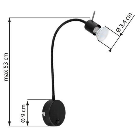 Nástenné svietidlo, kov čierny, Flexo, bez tienidla, vypínač, ŠxV:90x530, H:400, bez žiarovky 1xGU10 12