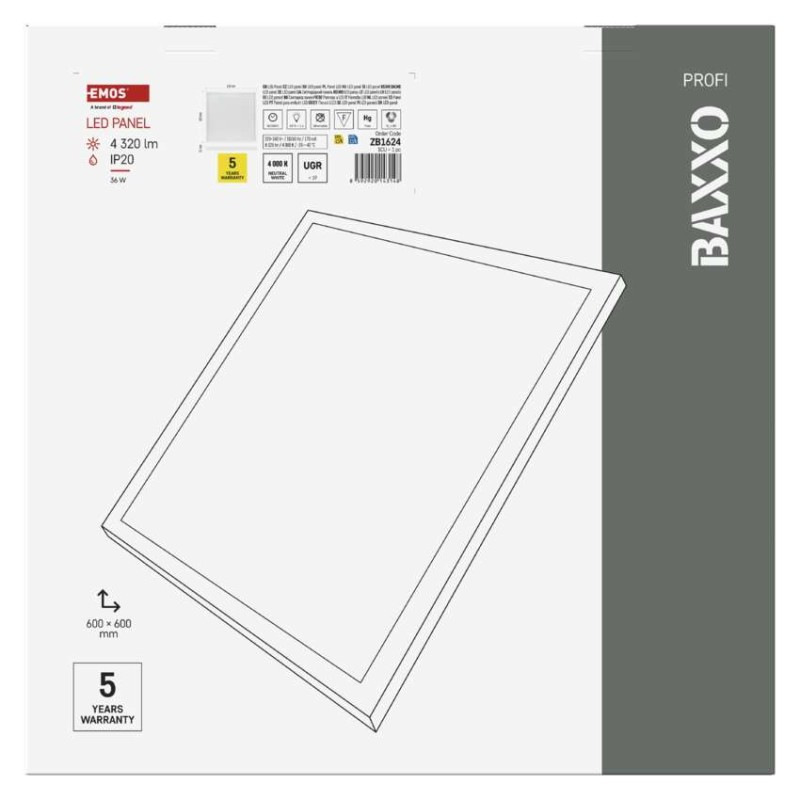 LED panel BAXXO 60×60, štvorcový prisadený biely, 36W neutr. biela 10