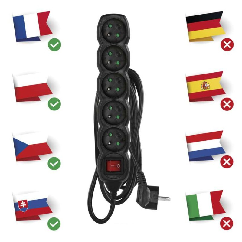 Predlžovací kábel 2 m / 5 zásuviek / s vypínačom / čierny / PVC / 1 mm2 1