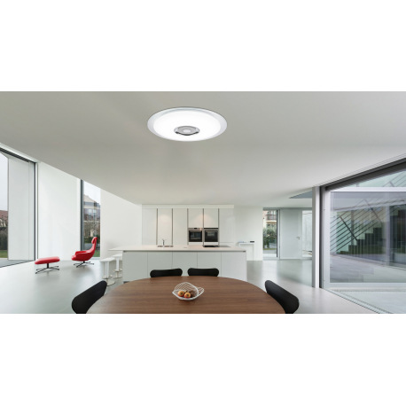 Stropné svietidlo, kov biely, chróm, akryl biely, K5 krištáľ, trblietavý efekt, reproduktor, ovládan 1