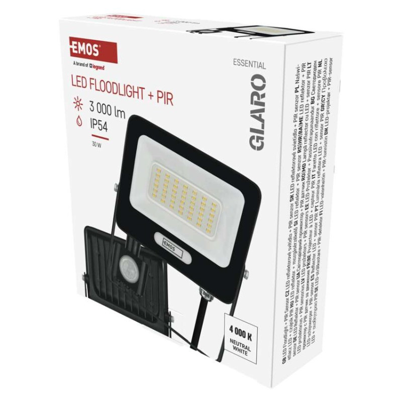 LED reflektor GLARO s pohybovým čidlom, 30 W, čierny, IP54, 3000 lm, neutrálna biela
