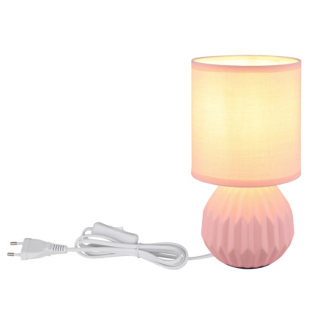 Stolová lampa, ružová keramika, ružový textil, biely PVC kábel, kolískový vypínač na kábli, ø: 120 m 12