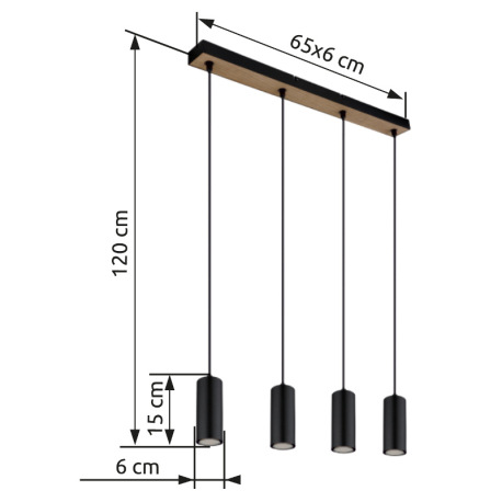 Závesné svietidlo kov čierny matný, MDF, imitácia tmavého dreva, kábel PVC čierny, DxŠxV: 650x60x120 5