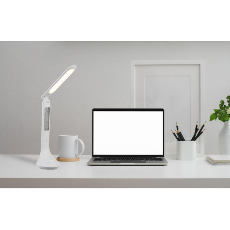 Nabíjateľná stolová lampa, plast, biela, hodiny, kalendár, budík, s adaptérom, zapnutie dotykom, dot 1