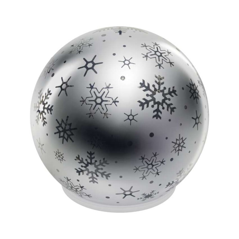 LED vianočná sklenená guľa – vločky, 12 cm, 3x AA, vnútorný, teplá biela, časovač 7